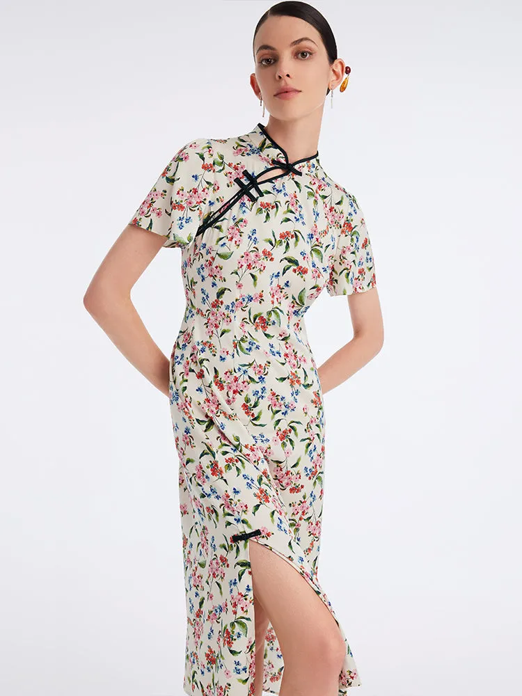 19 Momme Silk Slit Cheongsam Qipao Midi Dress