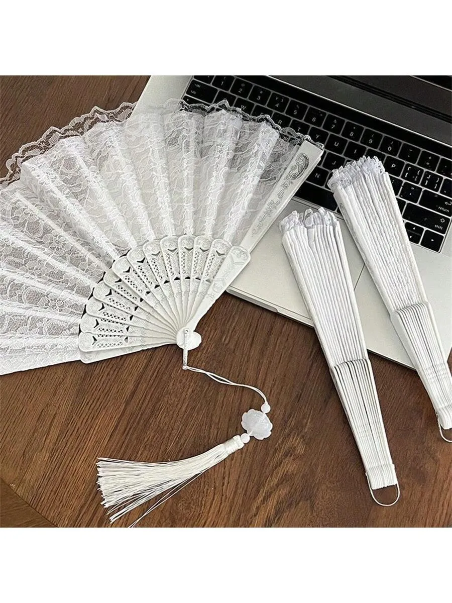 1pc Black And White Classical Chinese Retro Lace Folding Hand Fan For Hanfu Qipao Photoshoot Props, Bridal Props With Tassel