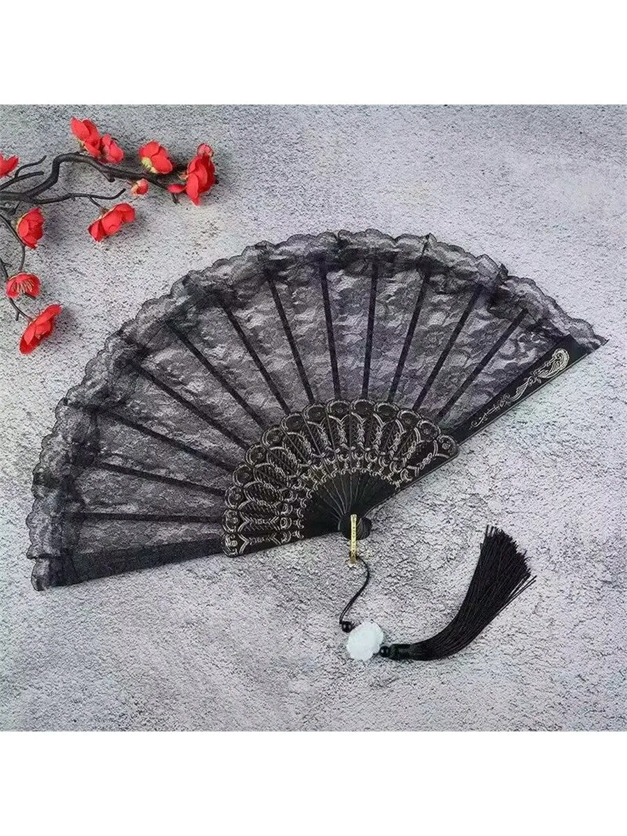 1pc Black And White Classical Chinese Retro Lace Folding Hand Fan For Hanfu Qipao Photoshoot Props, Bridal Props With Tassel