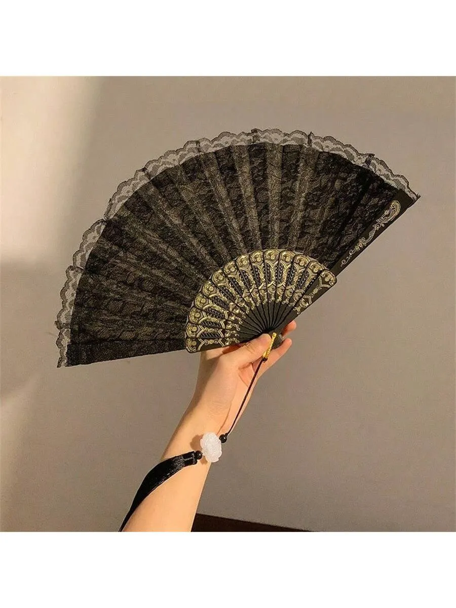 1pc Black And White Classical Chinese Retro Lace Folding Hand Fan For Hanfu Qipao Photoshoot Props, Bridal Props With Tassel