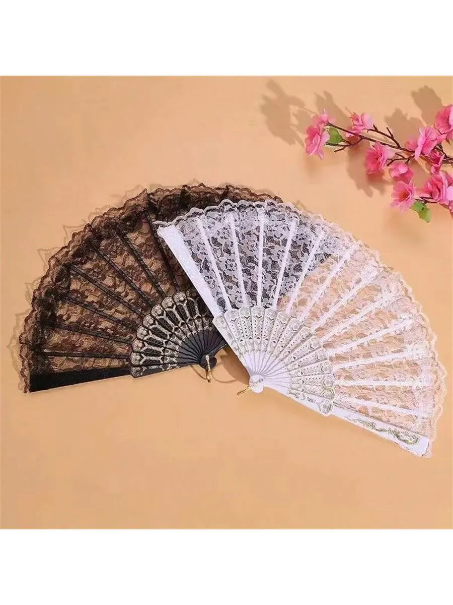 1pc Black And White Classical Chinese Retro Lace Folding Hand Fan For Hanfu Qipao Photoshoot Props, Bridal Props With Tassel