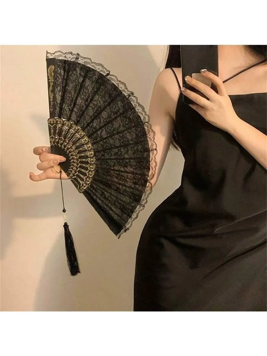 1pc Black And White Classical Chinese Retro Lace Folding Hand Fan For Hanfu Qipao Photoshoot Props, Bridal Props With Tassel