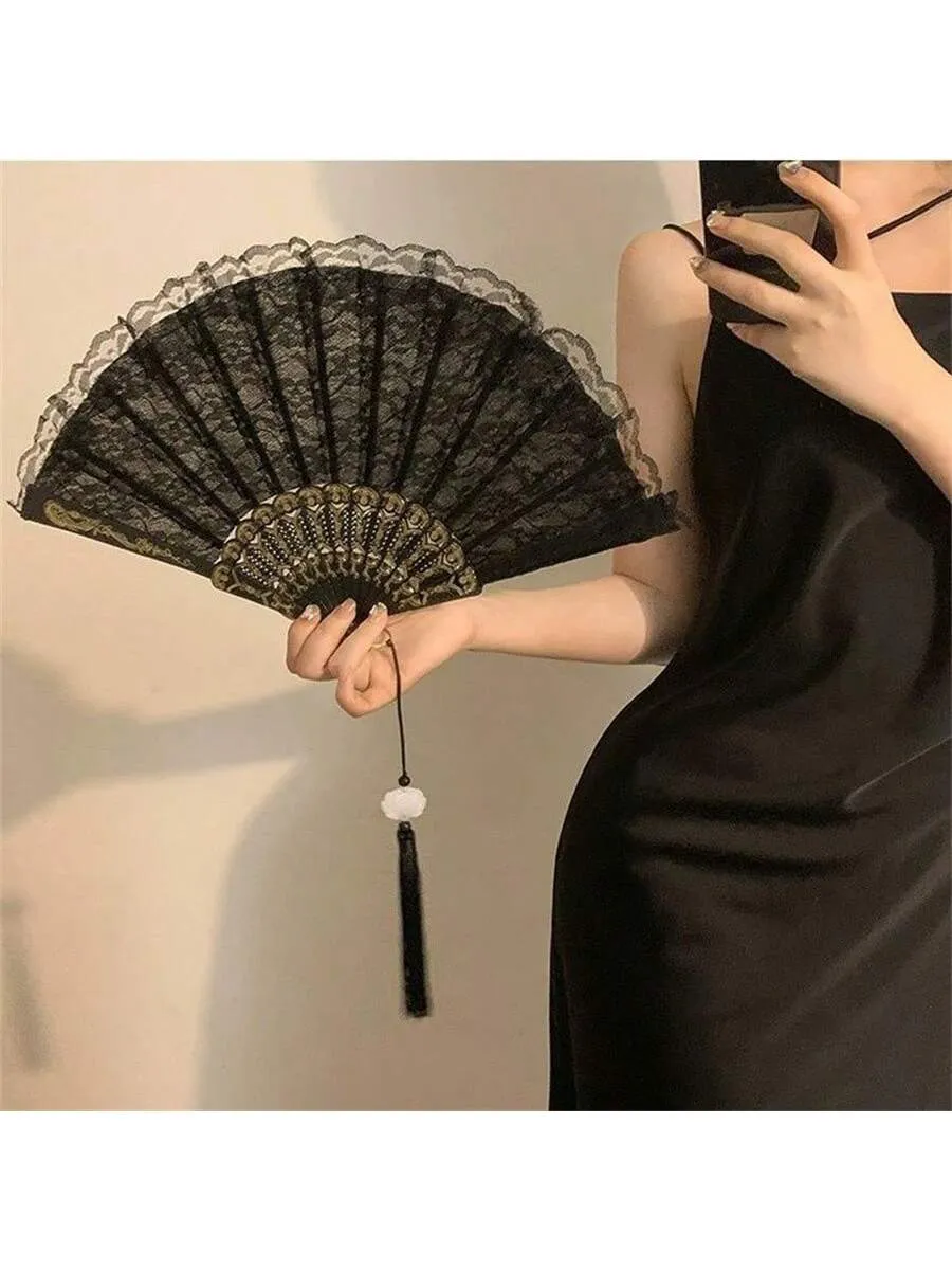 1pc Black And White Classical Chinese Retro Lace Folding Hand Fan For Hanfu Qipao Photoshoot Props, Bridal Props With Tassel