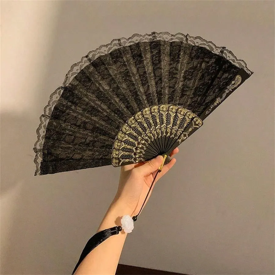 1pc Black And White Classical Chinese Retro Lace Folding Hand Fan For Hanfu Qipao Photoshoot Props, Bridal Props With Tassel