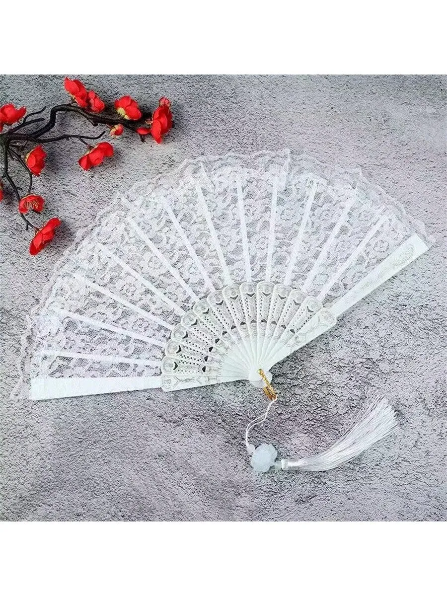 1pc Black And White Classical Chinese Retro Lace Folding Hand Fan For Hanfu Qipao Photoshoot Props, Bridal Props With Tassel