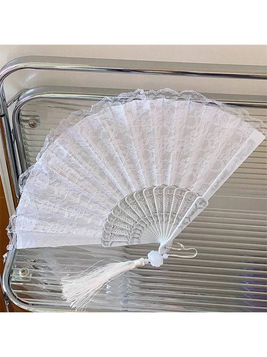 1pc Black And White Classical Chinese Retro Lace Folding Hand Fan For Hanfu Qipao Photoshoot Props, Bridal Props With Tassel