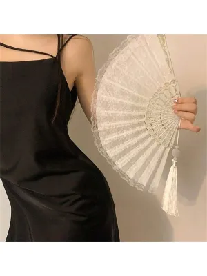 1pc Black And White Classical Chinese Retro Lace Folding Hand Fan For Hanfu Qipao Photoshoot Props, Bridal Props With Tassel