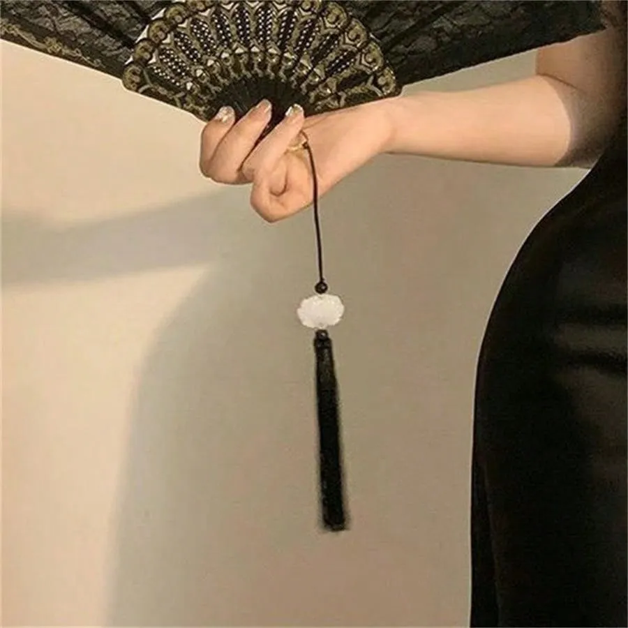 1pc Black And White Classical Chinese Retro Lace Folding Hand Fan For Hanfu Qipao Photoshoot Props, Bridal Props With Tassel