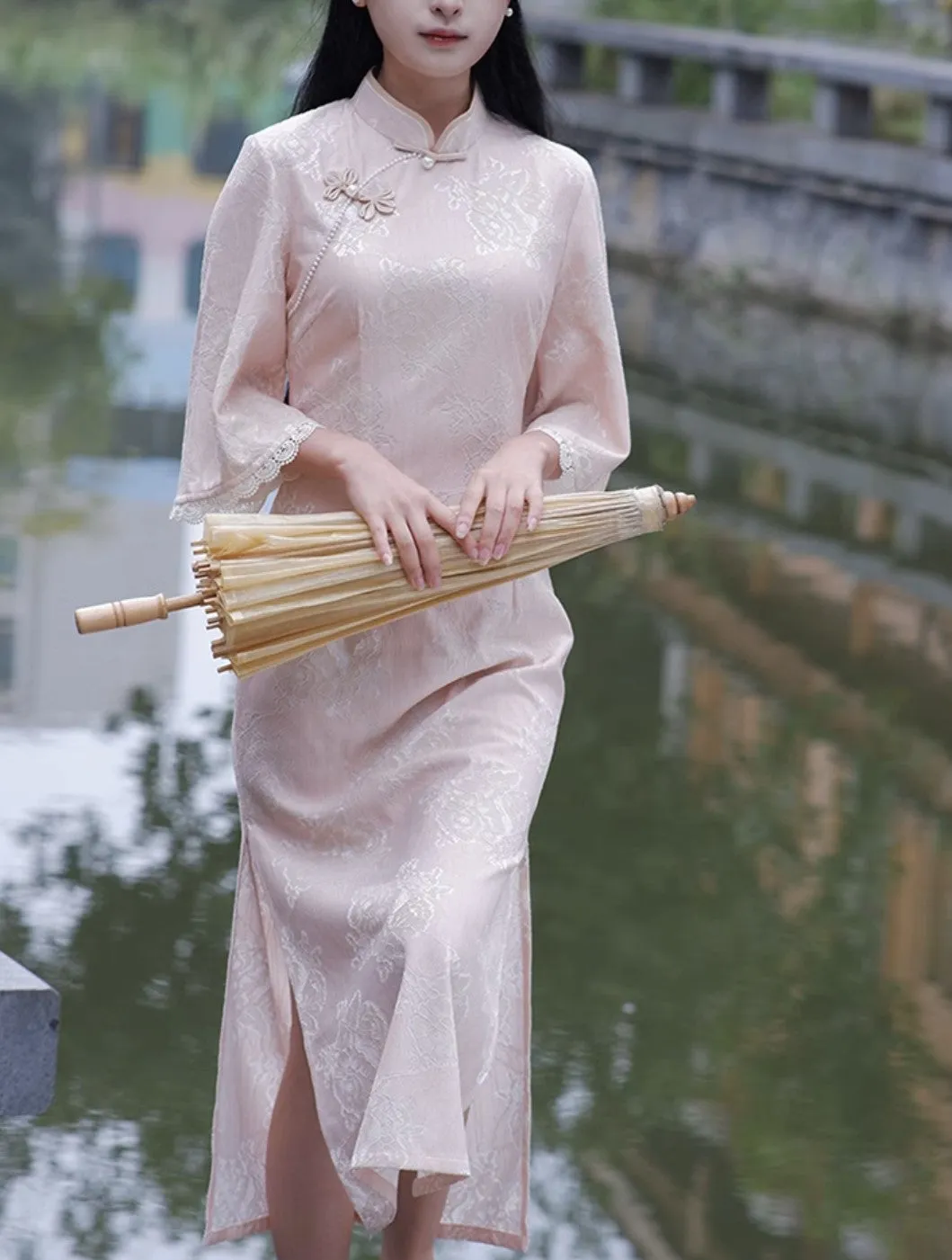 3/4 Sleeve Long Cheongsam, Belle Lace