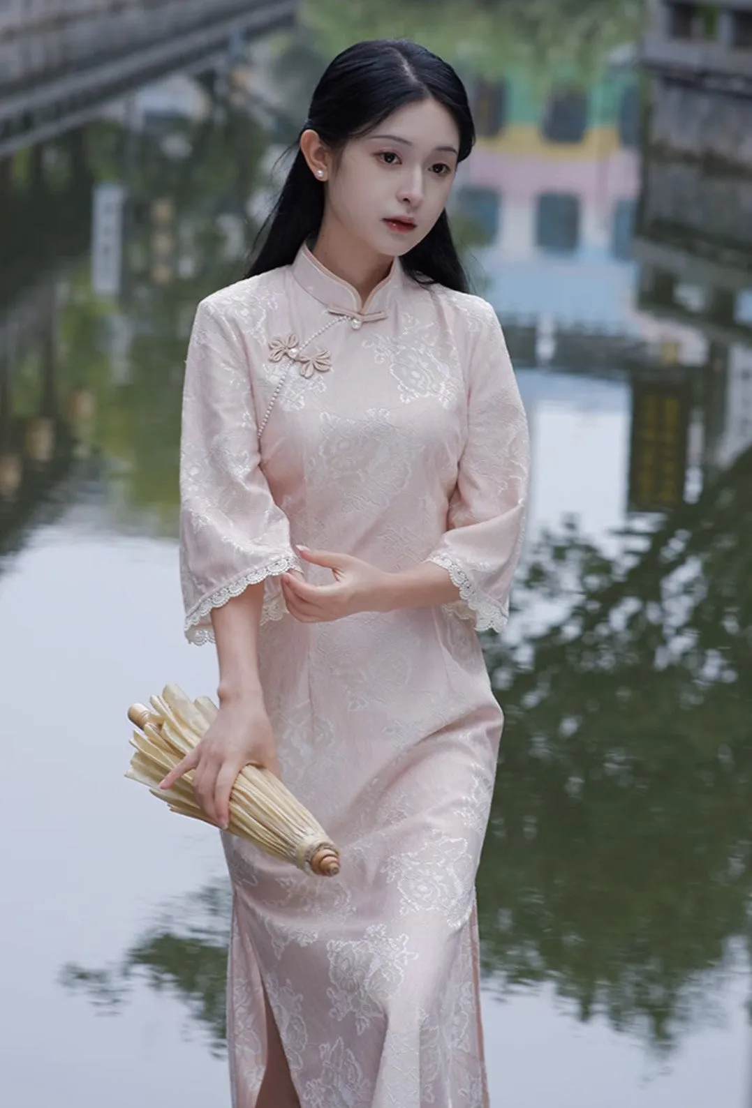 3/4 Sleeve Long Cheongsam, Belle Lace