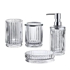 4Piece Clear Decorative Glass Bathroom Accessories Set, Soap Dispenser, Toothbrush Holder