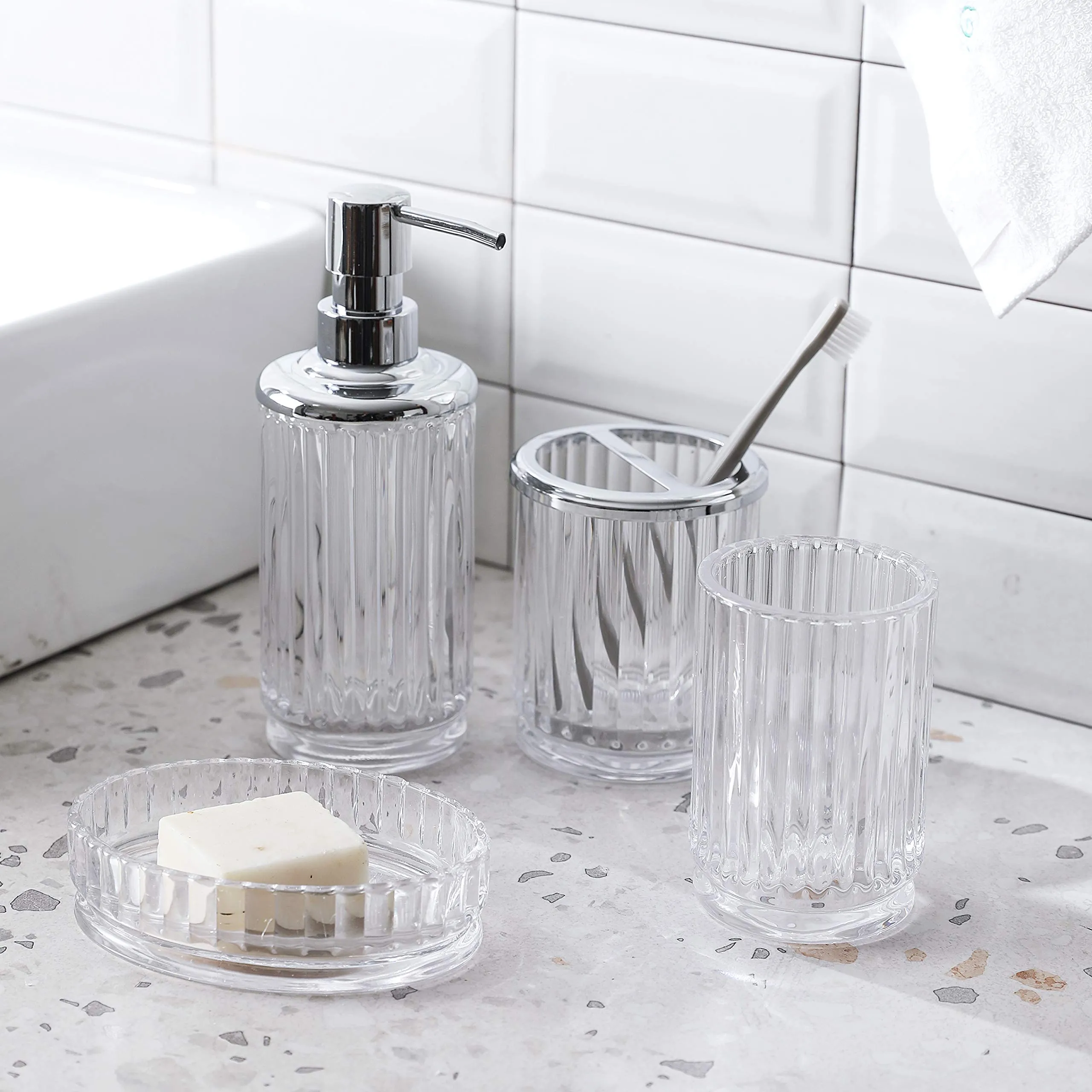 4Piece Clear Decorative Glass Bathroom Accessories Set, Soap Dispenser, Toothbrush Holder