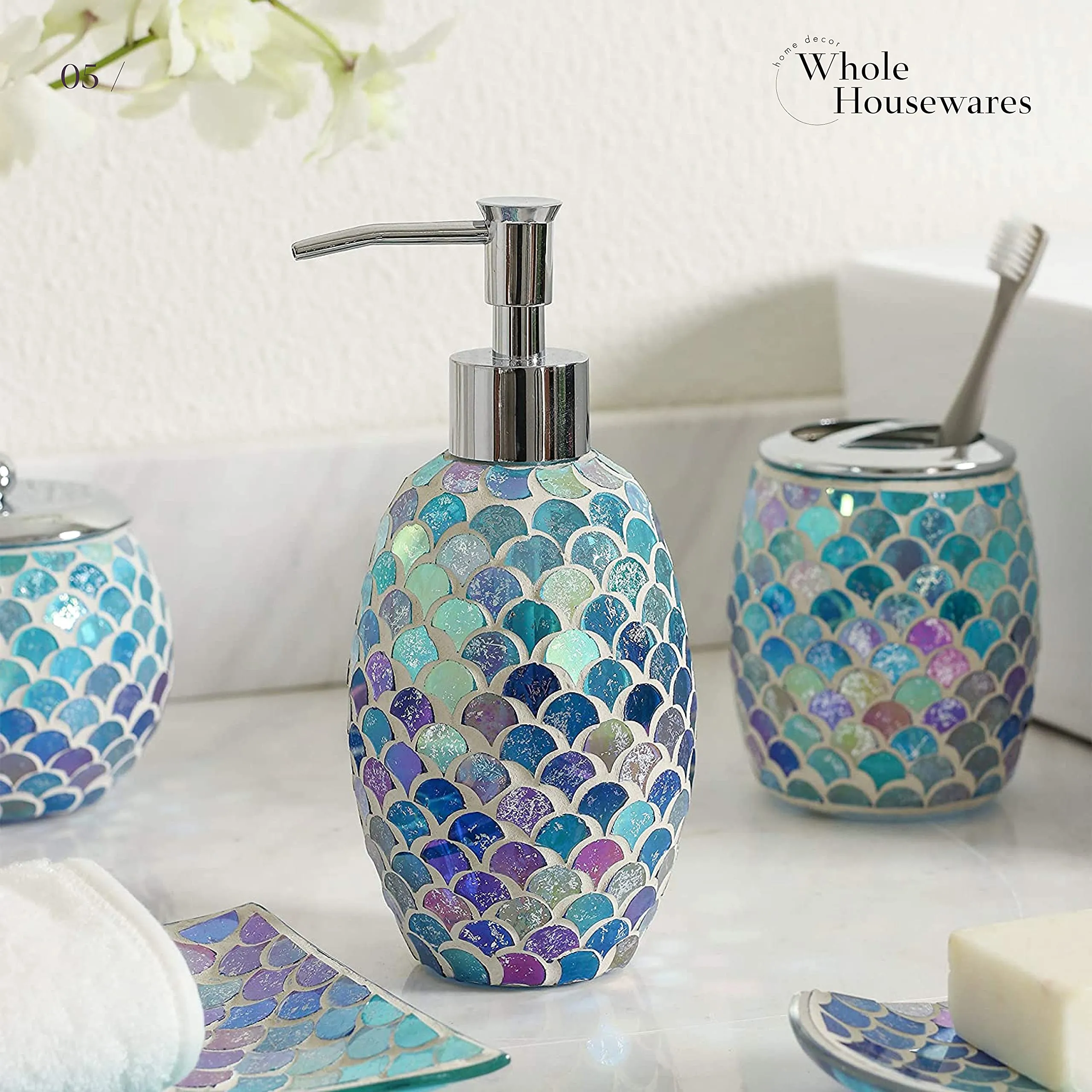 5Pieces Mosaic Glass Bathroom Accessories Set, Soap Dispenser, Tray/Soap Dish (Blue)