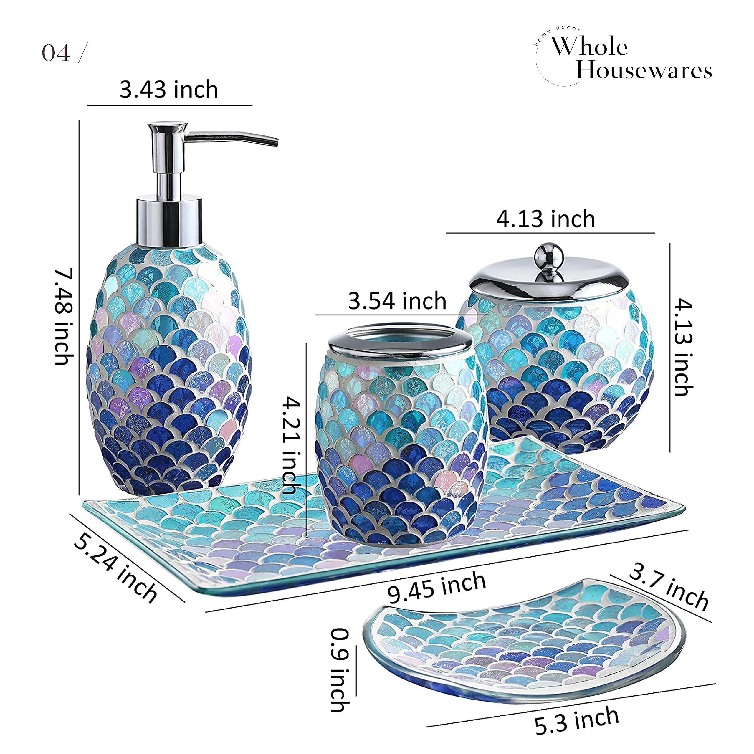 5Pieces Mosaic Glass Bathroom Accessories Set, Soap Dispenser, Tray/Soap Dish (Blue)