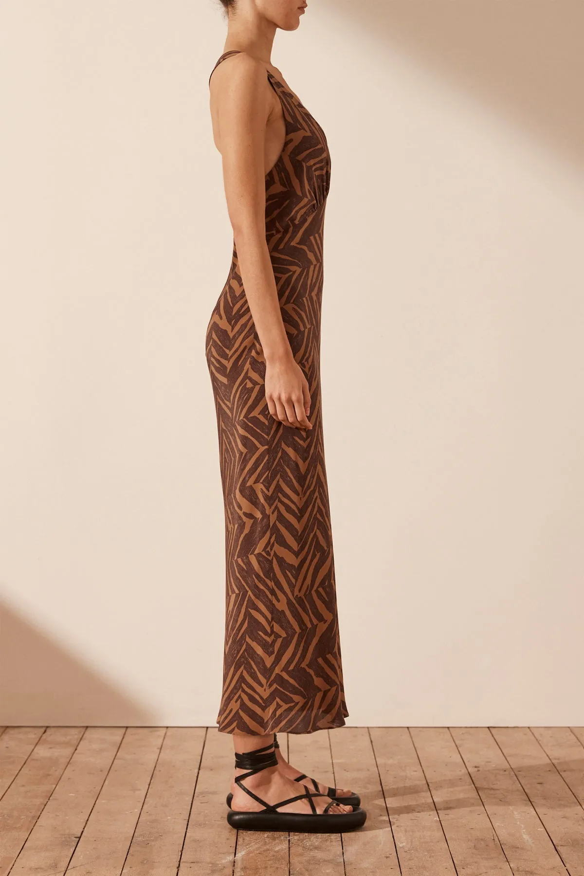 ALENE SILK PLUNGED CROSS BACK MIDI DRESS