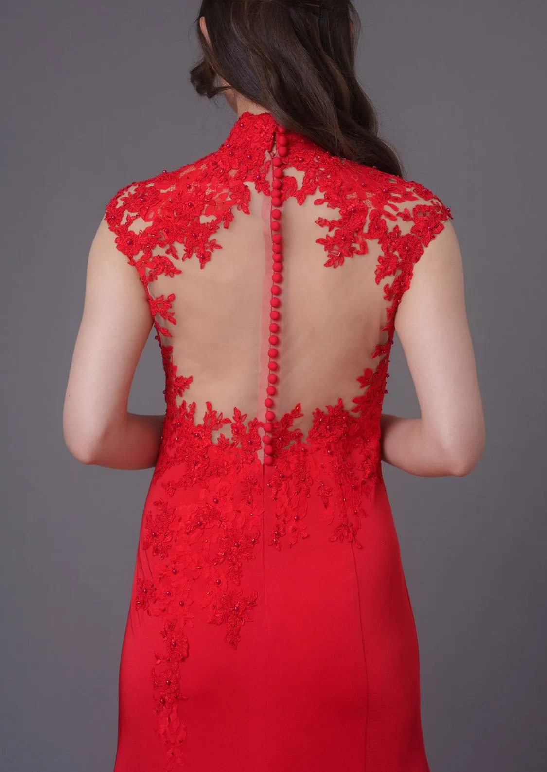 Alpenrose Cap Sleeves Lace Embellished Mermaid Qipao - RTW