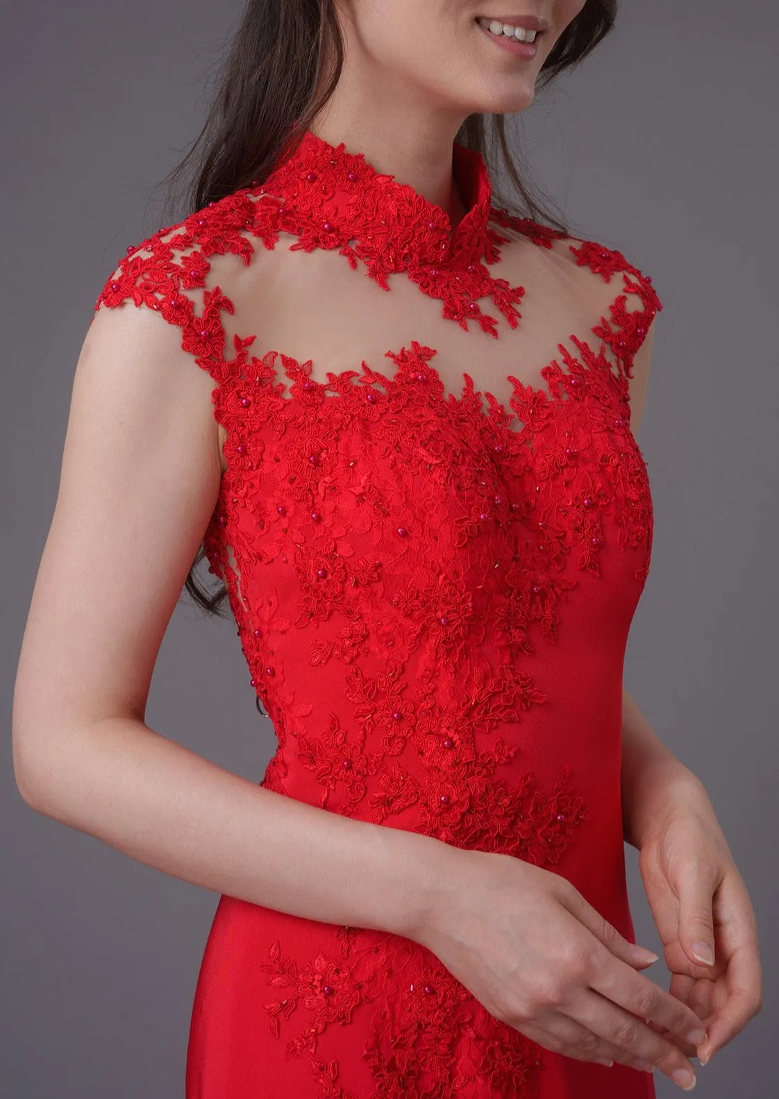 Alpenrose Cap Sleeves Lace Embellished Mermaid Qipao - RTW