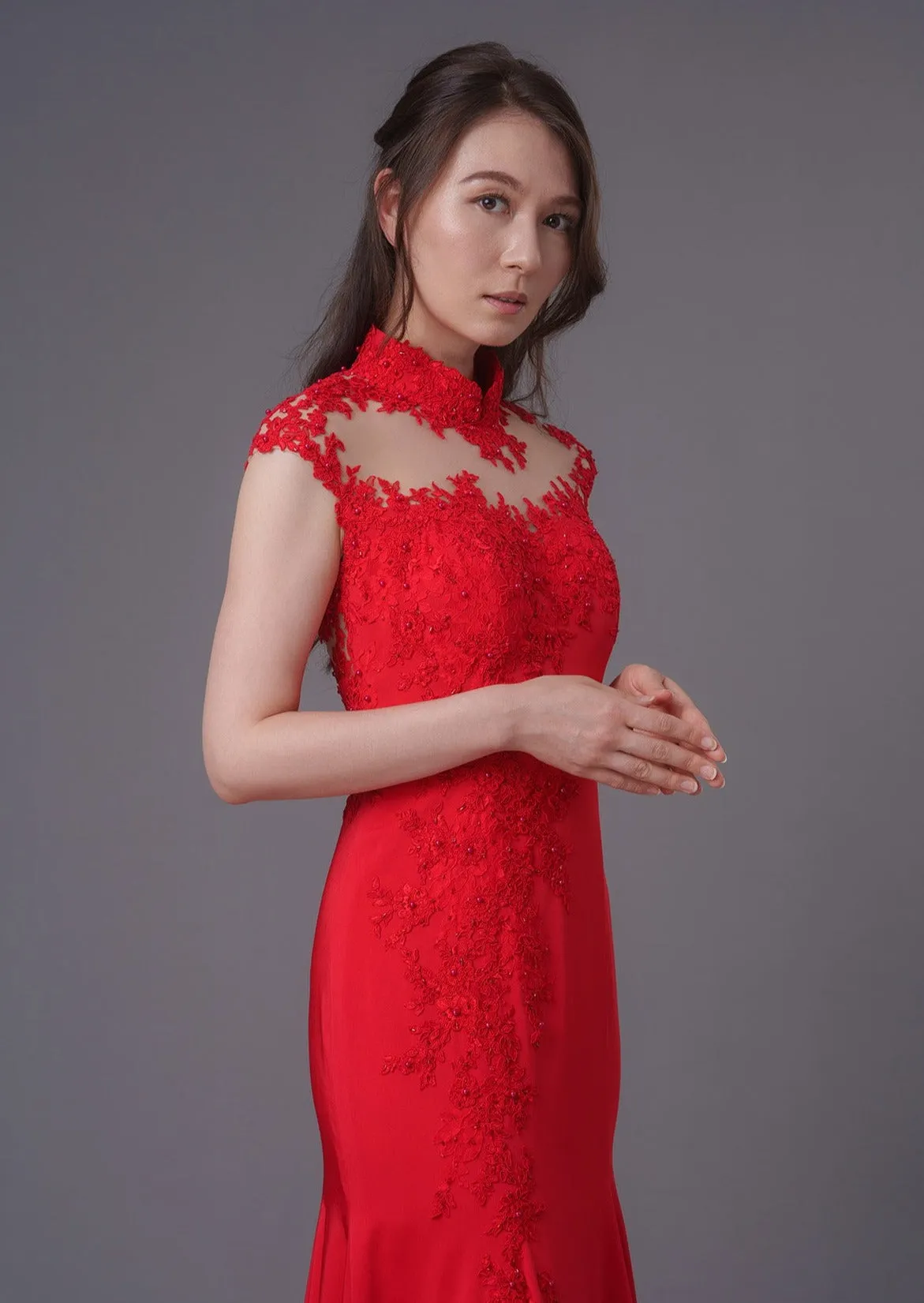 Alpenrose Cap Sleeves Lace Embellished Mermaid Qipao