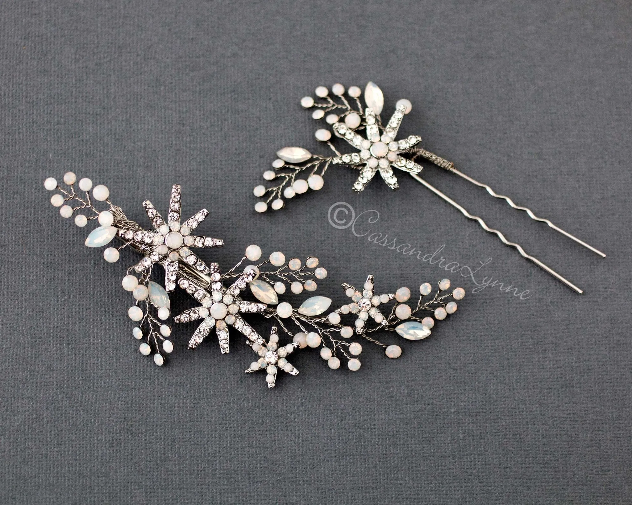 Antique Silver Opal Crystal Stars Hair Clip Set