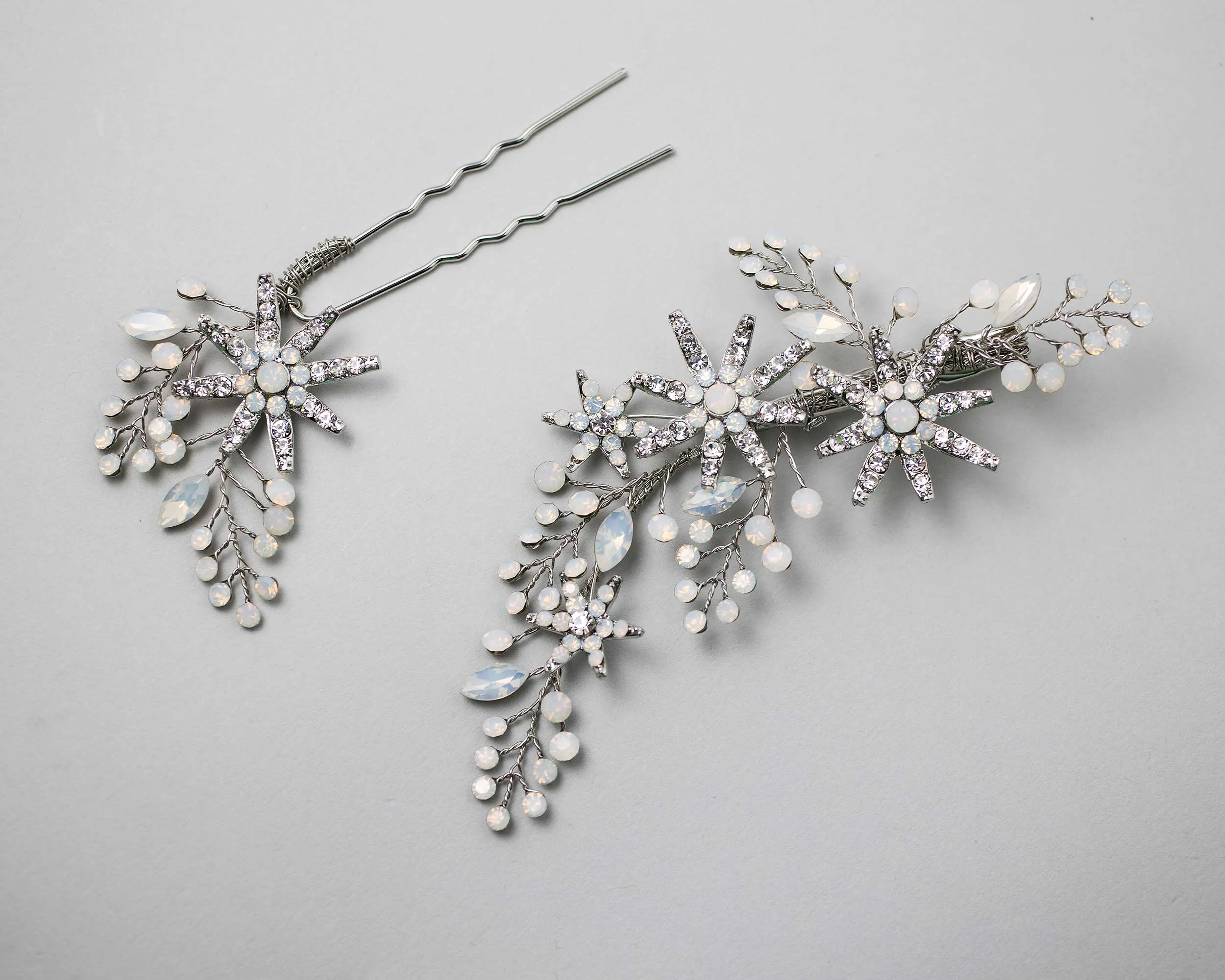 Antique Silver Opal Crystal Stars Hair Clip Set