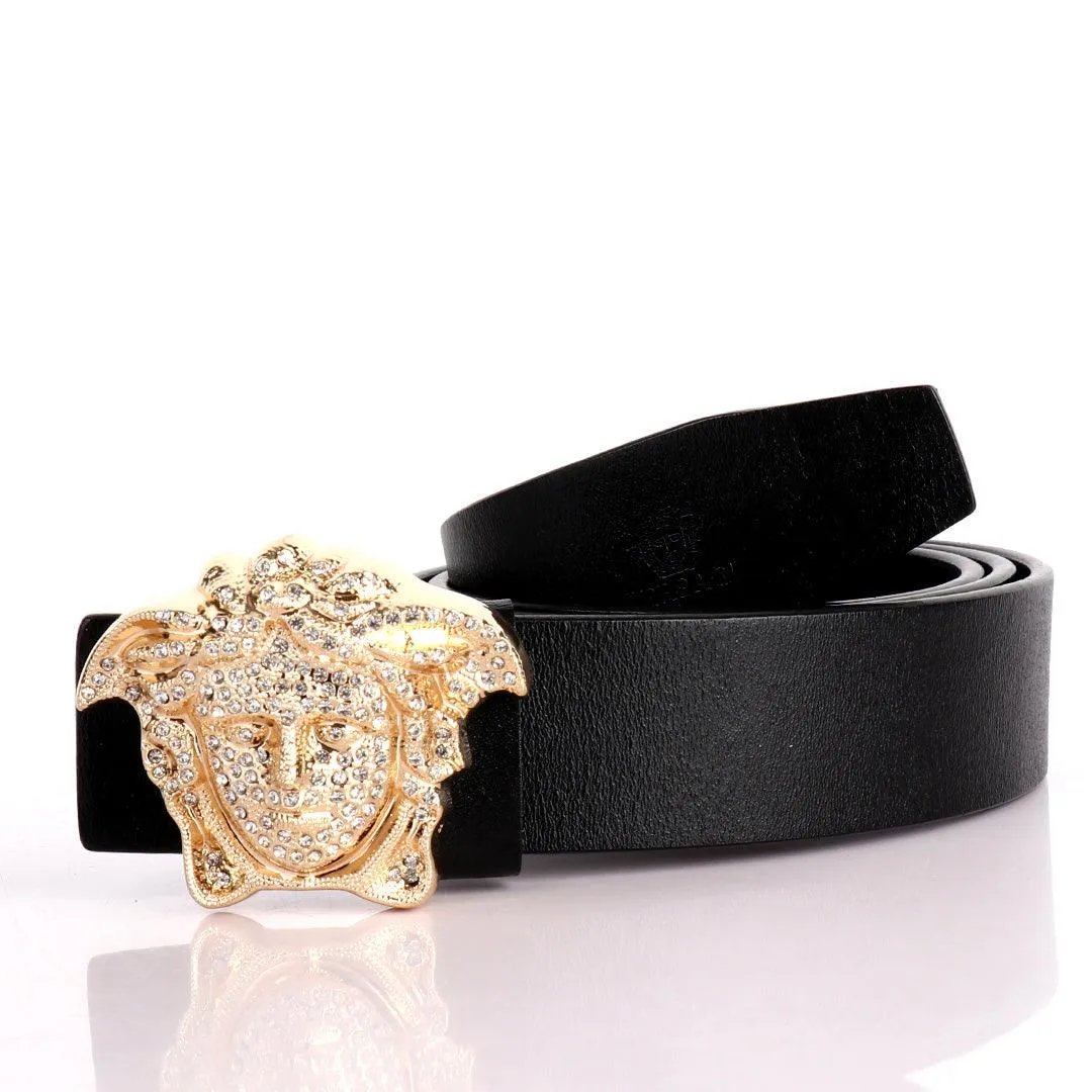 Authentic Versace Medusa Swarovski Gold Crystal Genuine Leather Black Belt