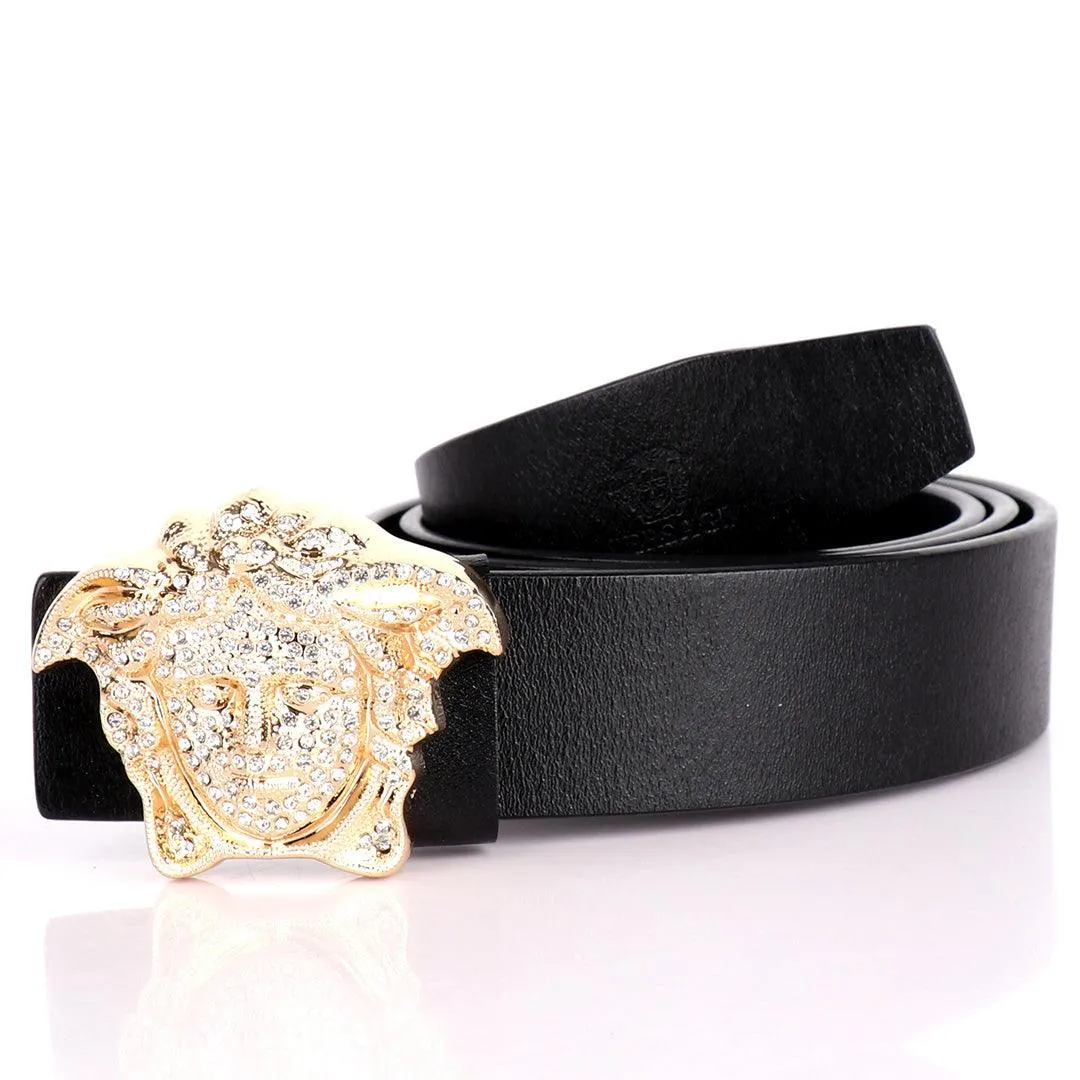 Authentic Versace Medusa Swarovski Gold Crystal Genuine Leather Black Belt