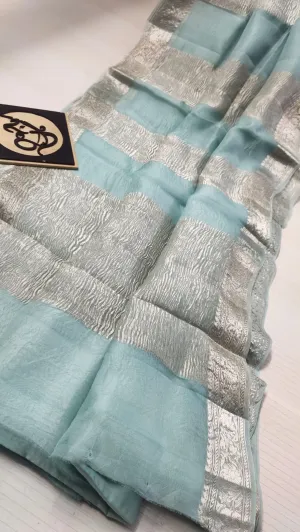 Baby Blue Banarasi Tissue Fancy Party Saree