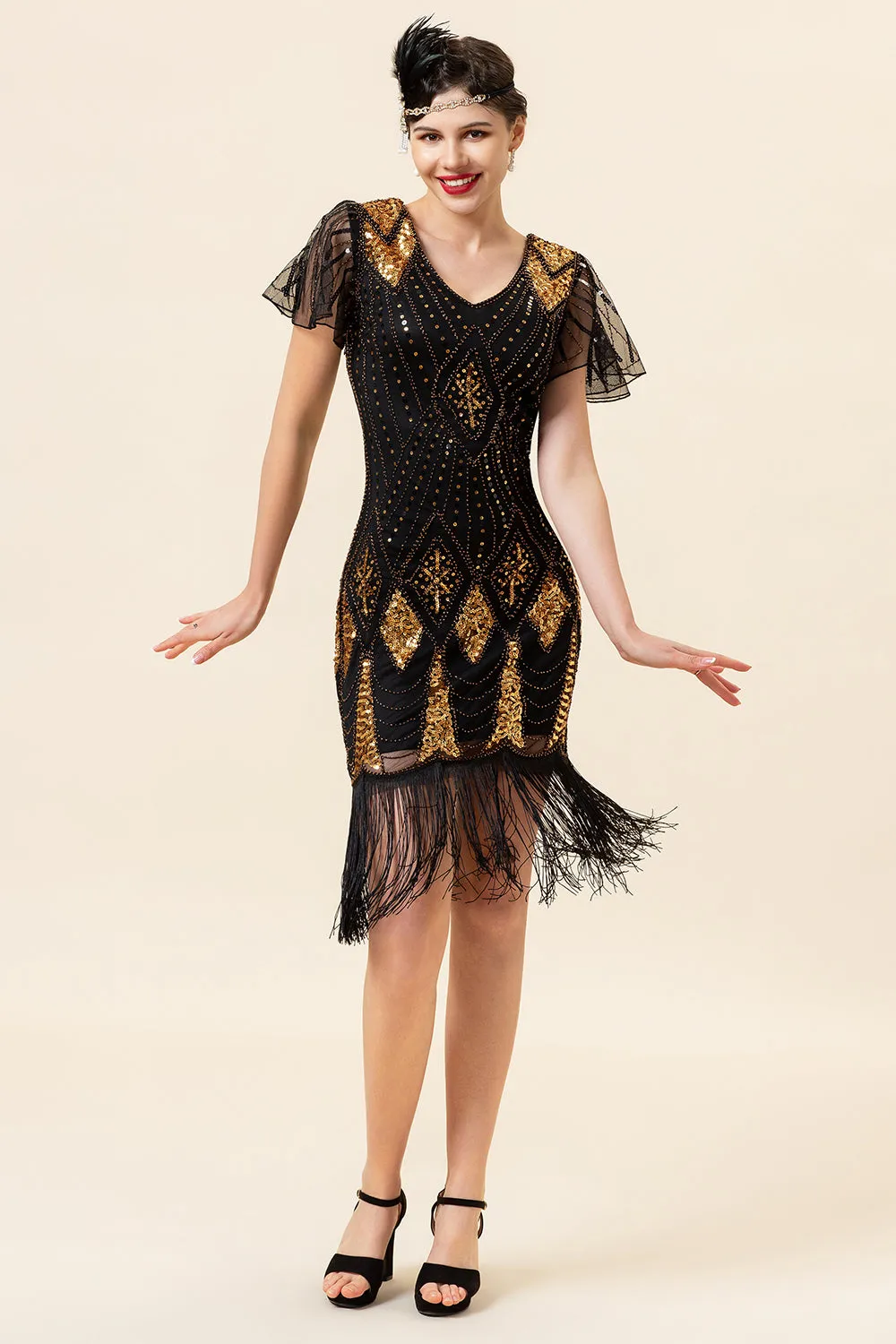 Black and Golden Sequins Fringes 1920s Gatsby Dress with 20s Accessories Set