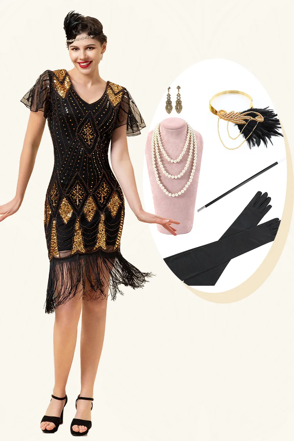 Black and Golden Sequins Fringes 1920s Gatsby Dress with 20s Accessories Set