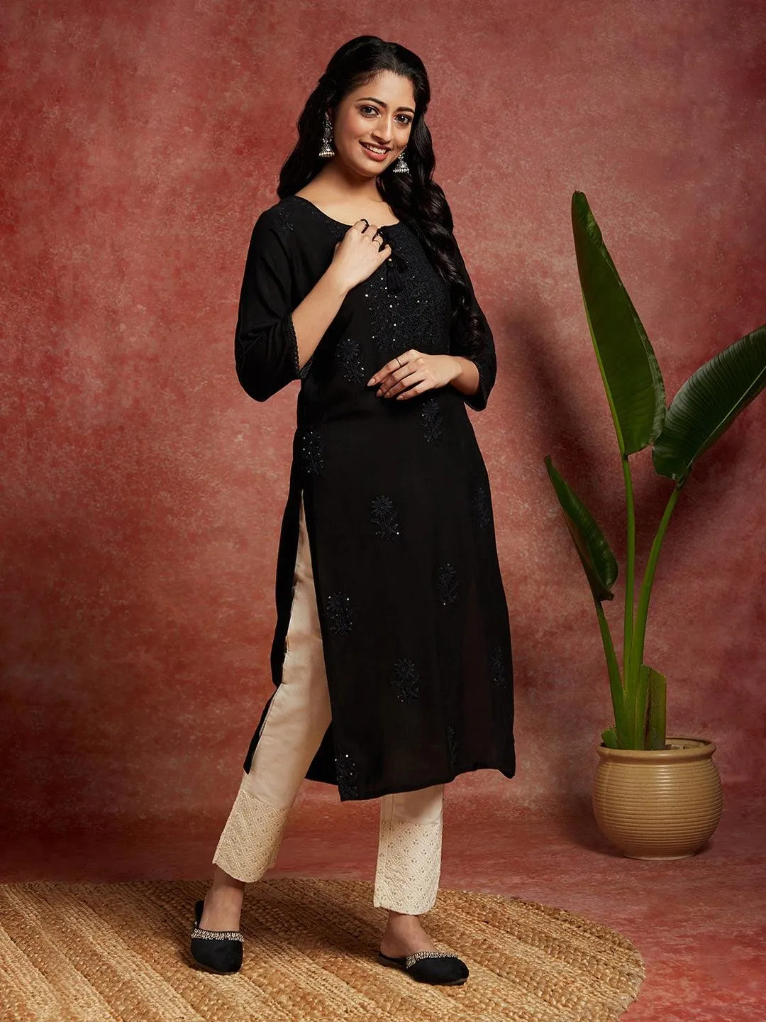 Black Embroidered Rayon Straight Kurta