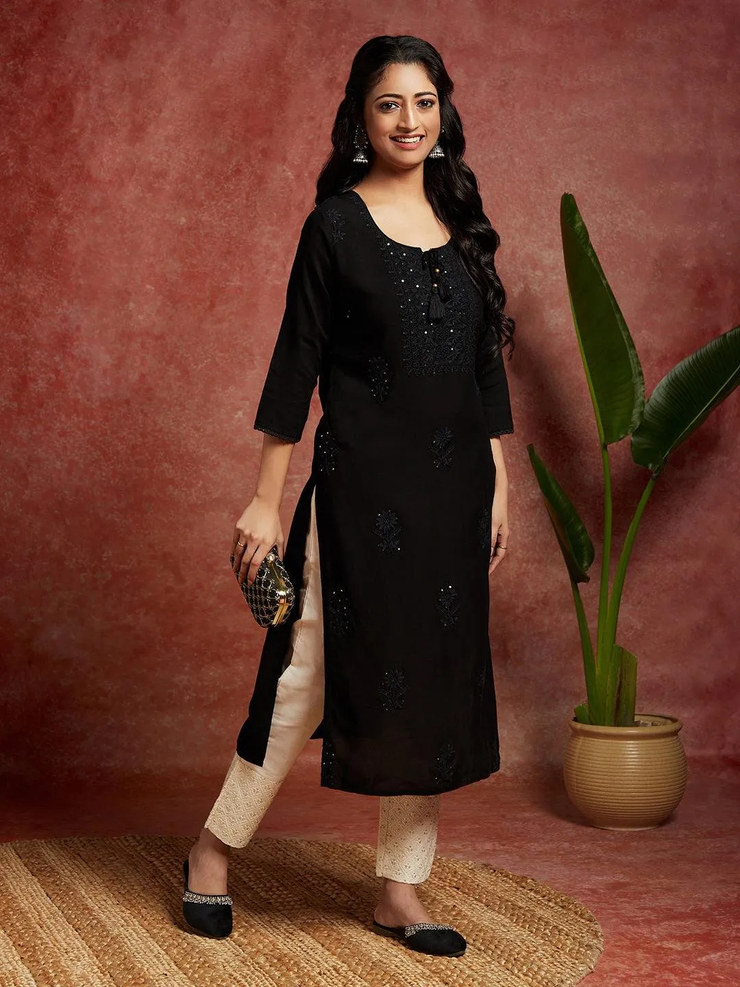 Black Embroidered Rayon Straight Kurta