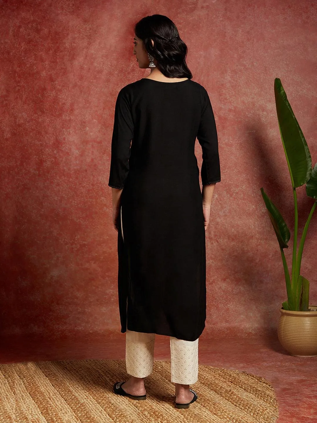 Black Embroidered Rayon Straight Kurta