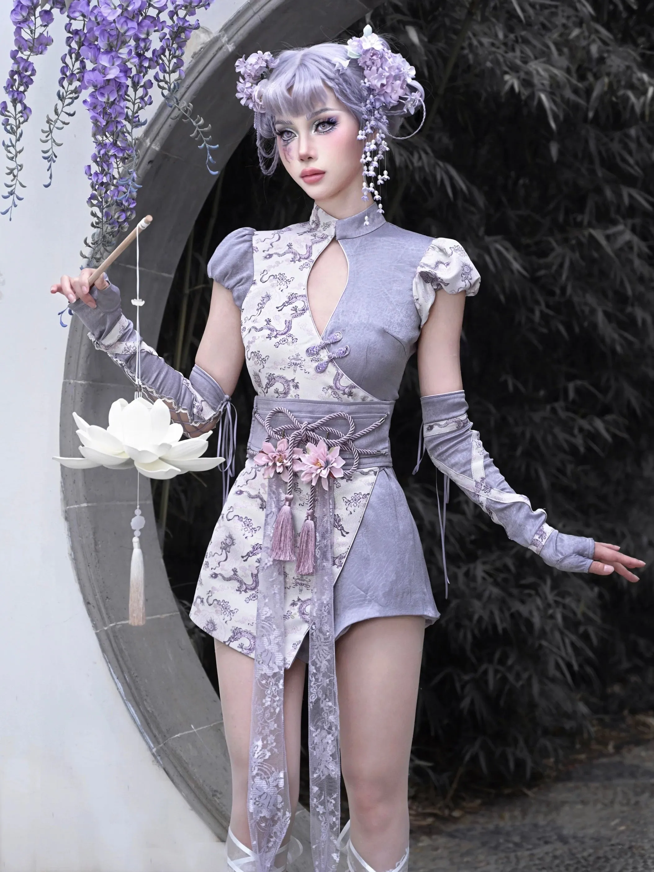 [Blood Supply] Dragon In Wisteria Qipao Style Romper Jumpsuit