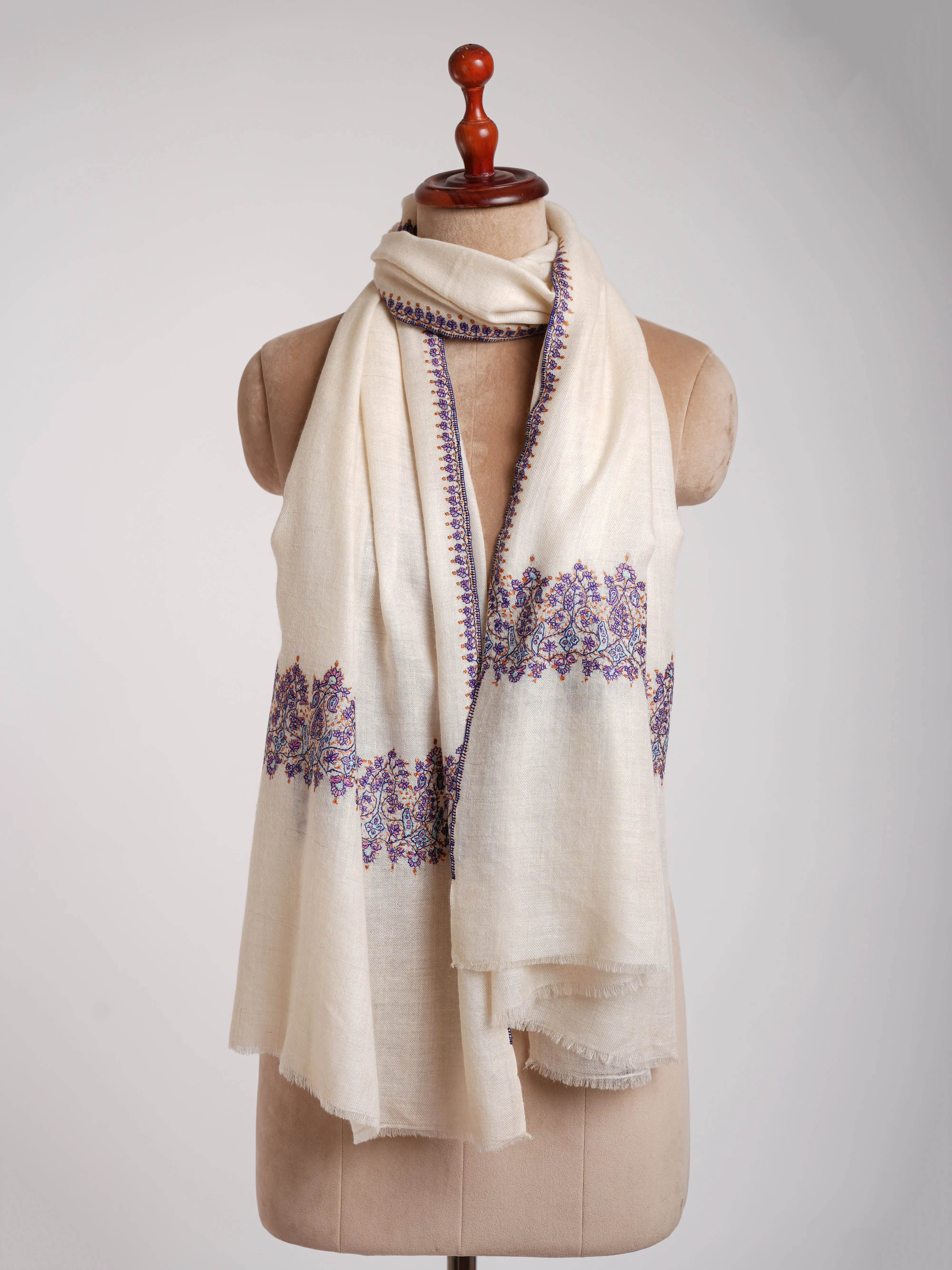 Blue Palla Embroidered Ivory Cashmere Stole