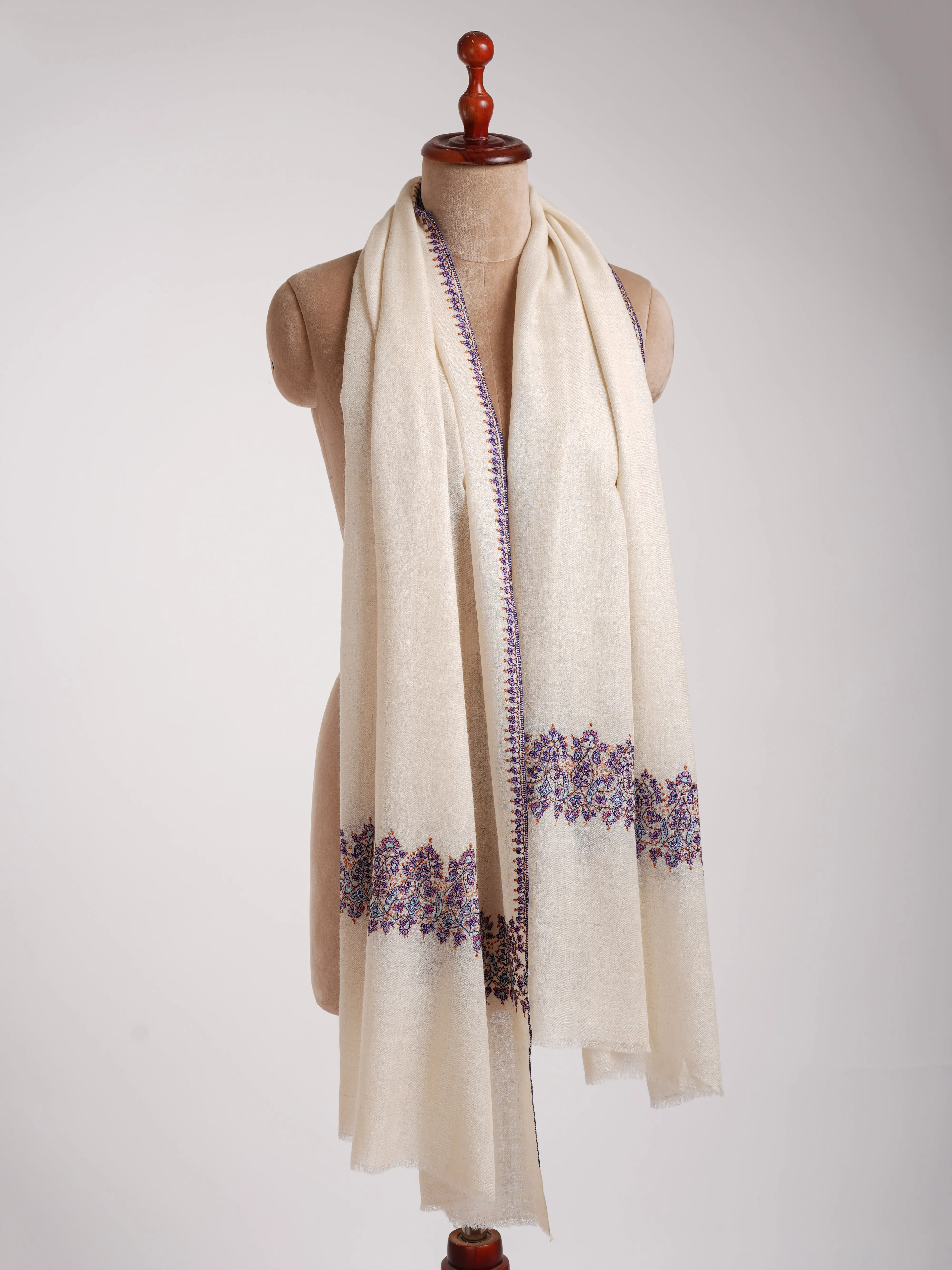 Blue Palla Embroidered Ivory Cashmere Stole