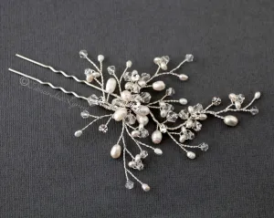 Bridal Hair Pin of Freshwater Pearls and Crystal Beads