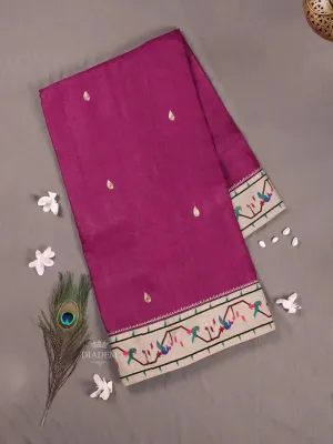 Burgundy Pure Tussar Silk Saree Enhanced with Paithani Design Embroidery Border