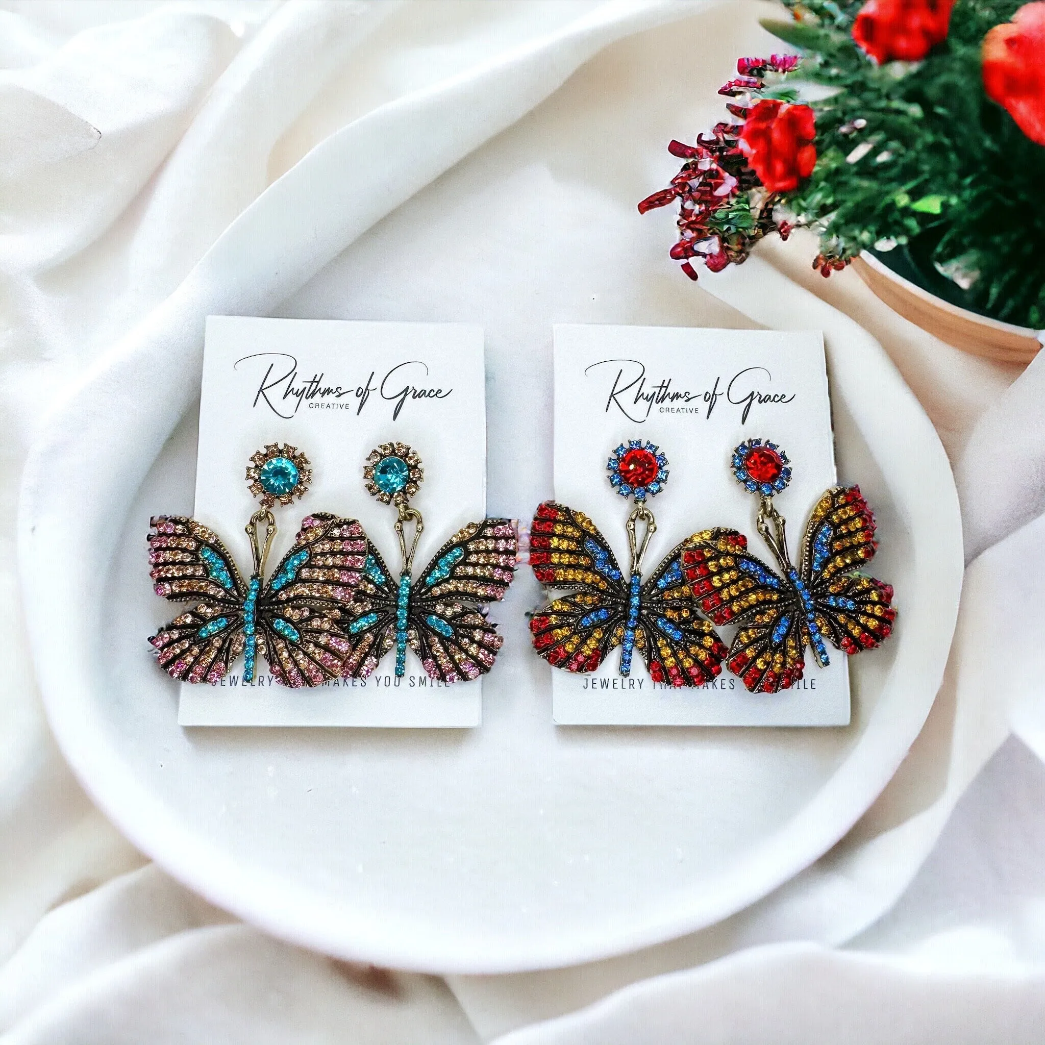 Butterfly Earrings - Easter Earrings, Rhinestone Butterfly, Butterfly Jewelry, Butterfly Accessories,  Easter Accessories, Monarch Butterfly