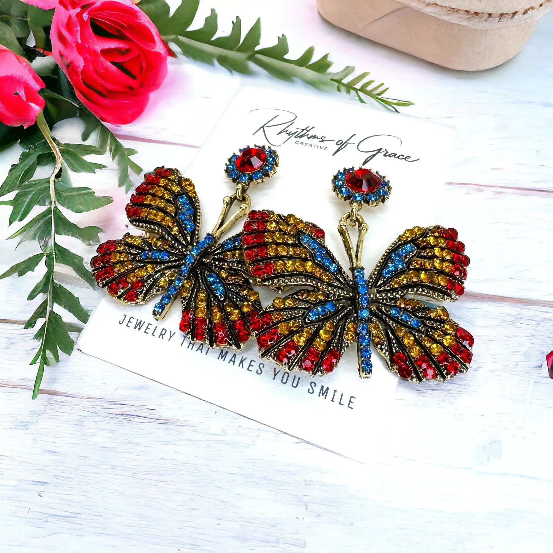 Butterfly Earrings - Easter Earrings, Rhinestone Butterfly, Butterfly Jewelry, Butterfly Accessories,  Easter Accessories, Monarch Butterfly