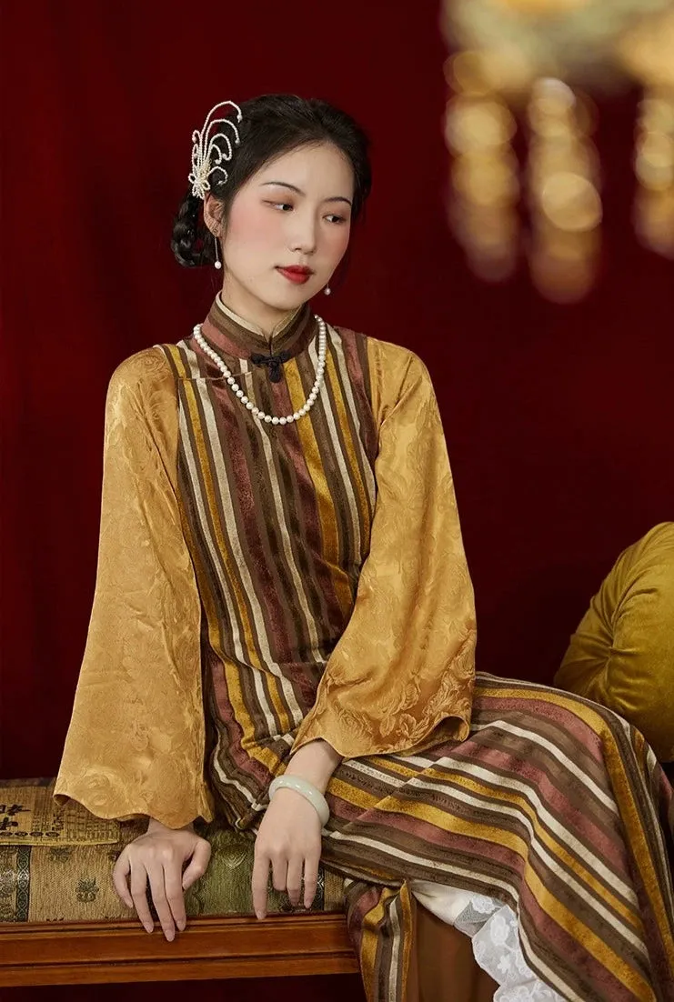 City of Lights 流光之城 1930s Velvet Stripe Bell Sleeve Qipao