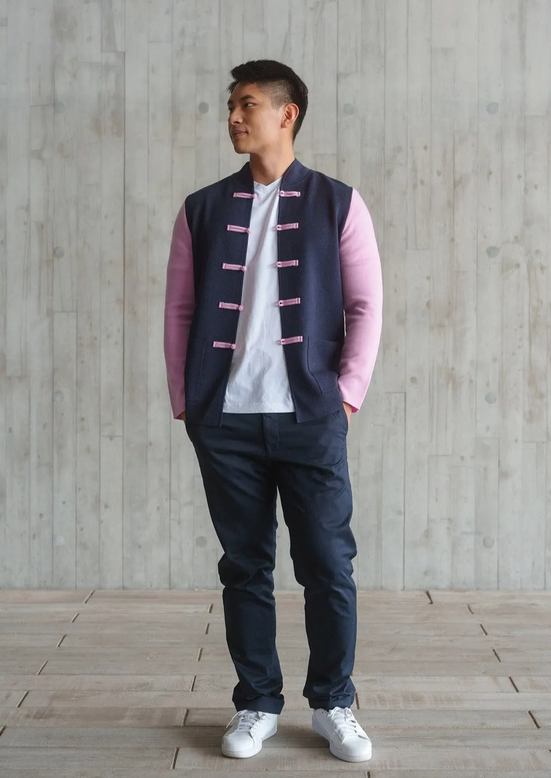 Color-Block Knit Tang Jacket (Dark Blue/ Pink)