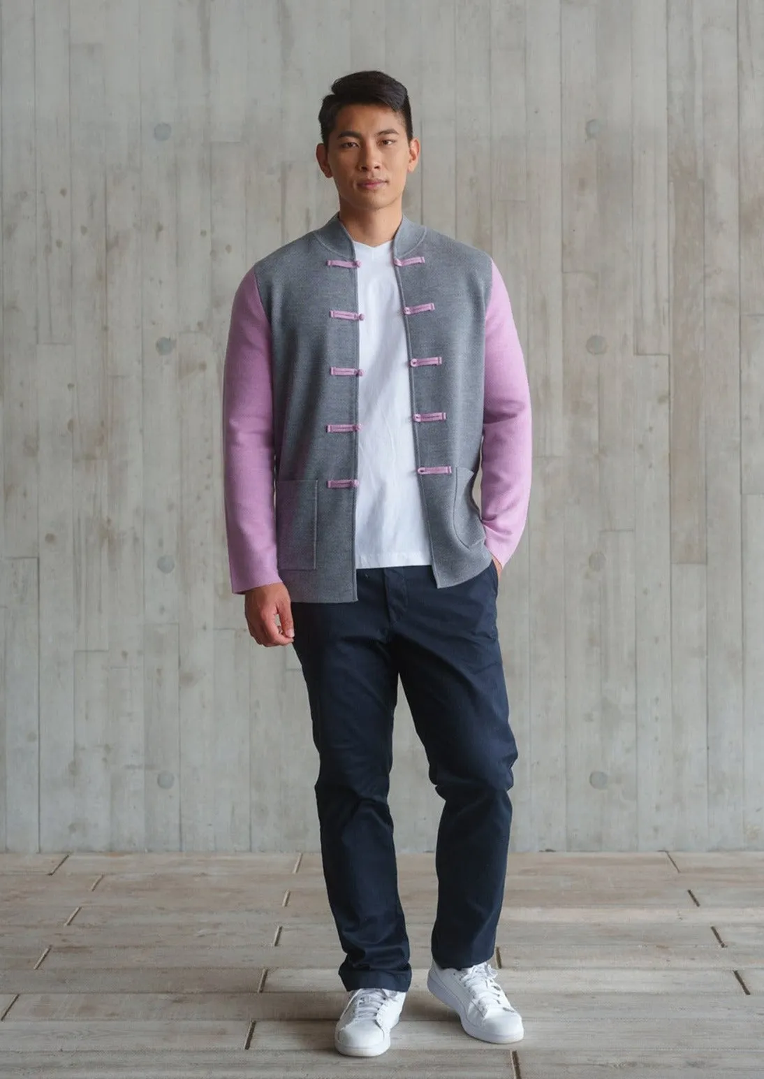 Color-Block Knit Tang Jacket (Grey/ Purple)