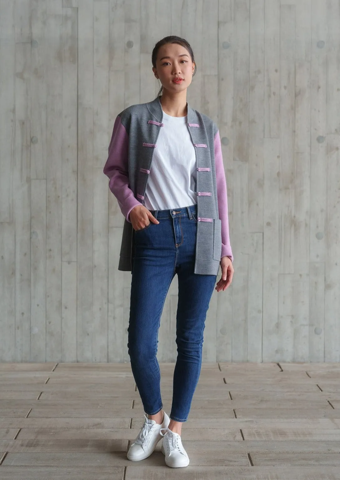 Color-Block Knit Tang Jacket (Grey/ Purple)