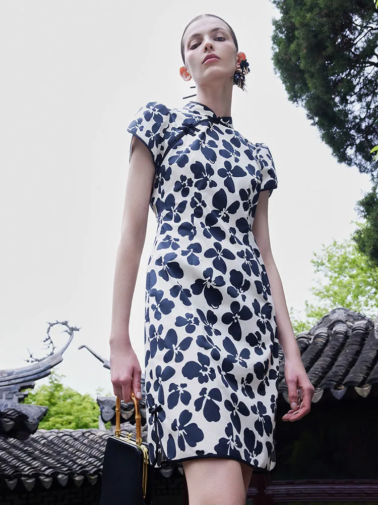 Cotton Floral Cheongsam Qipao Mini Dress