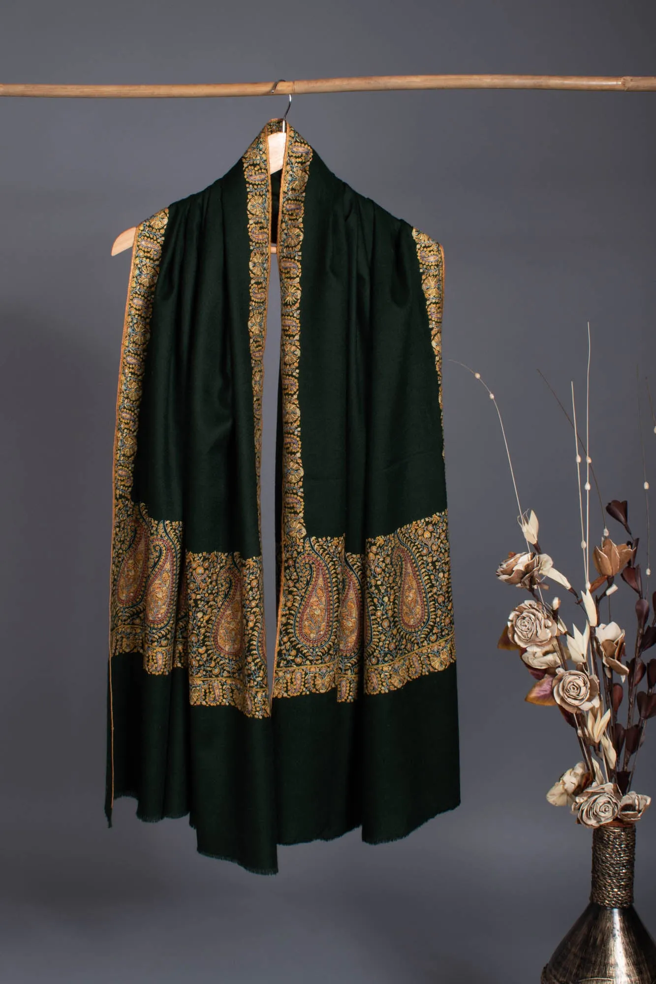 Deep Green Palla Embroidered Pashmina Shawl - NEWTOWN