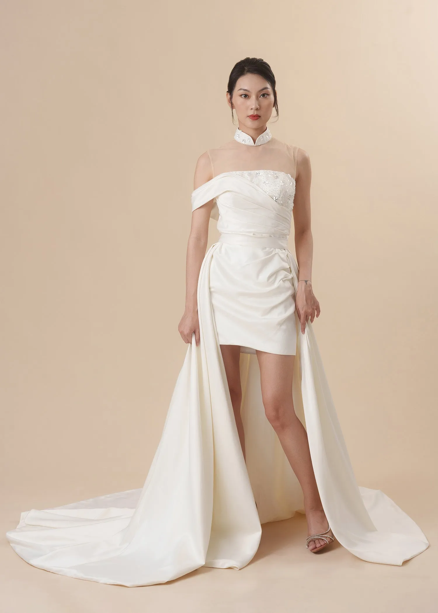 Ethereal Blossom Mini Bridal Qipao w Removable Skirt (RTW)