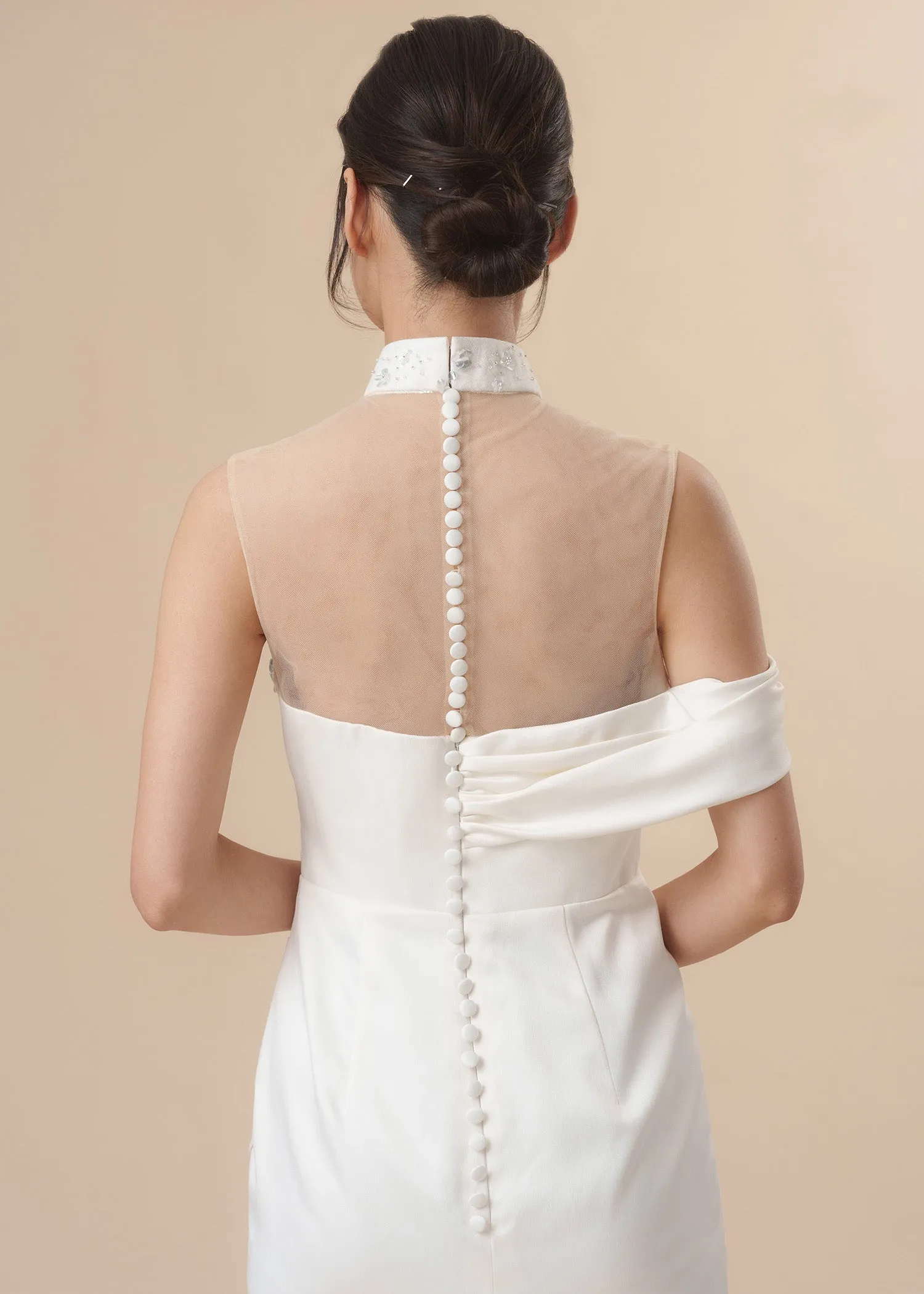 Ethereal Blossom Mini Bridal Qipao w Removable Skirt