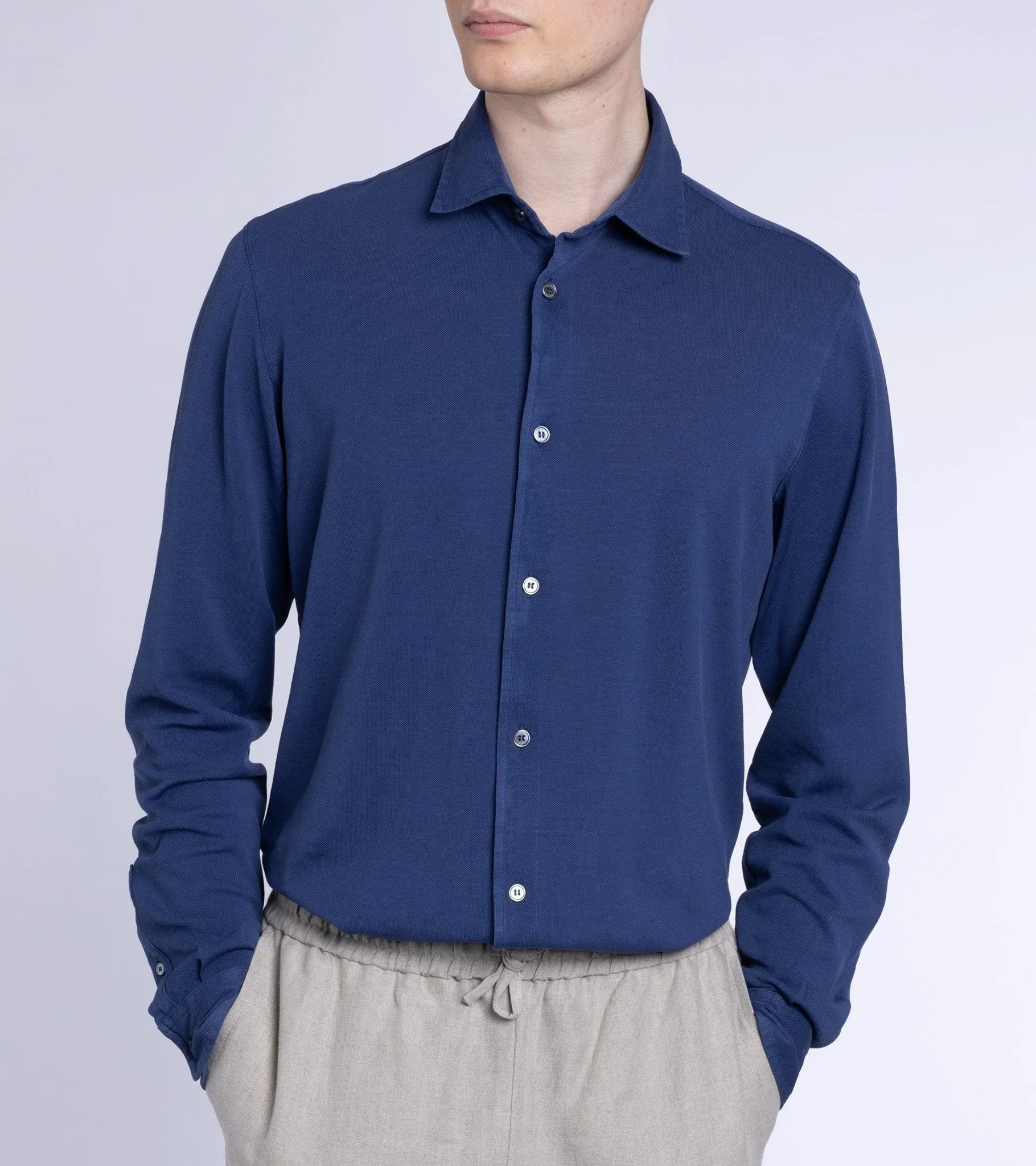 Fedeli Light Cotton Pique Shirt: Blue