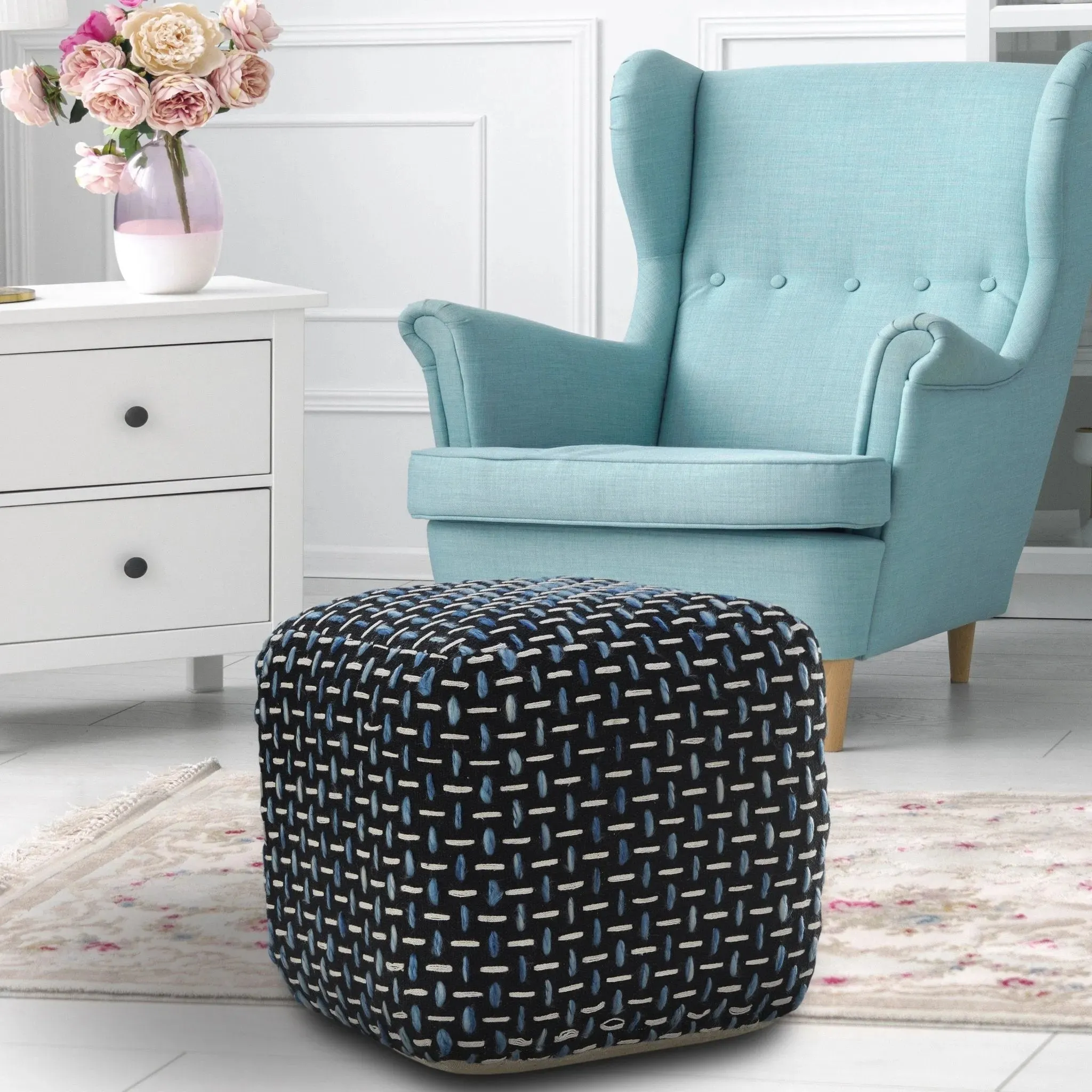 Flat Weave Lr34022 Black/Blue Pouf