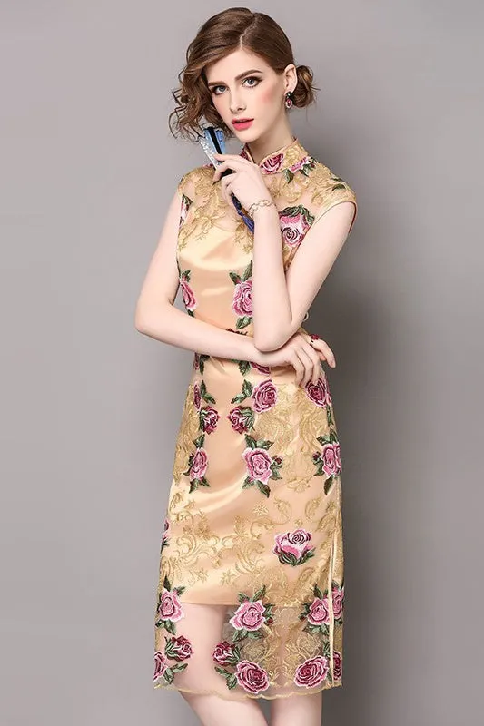 Floral Embroidered Lace Qipao Dress